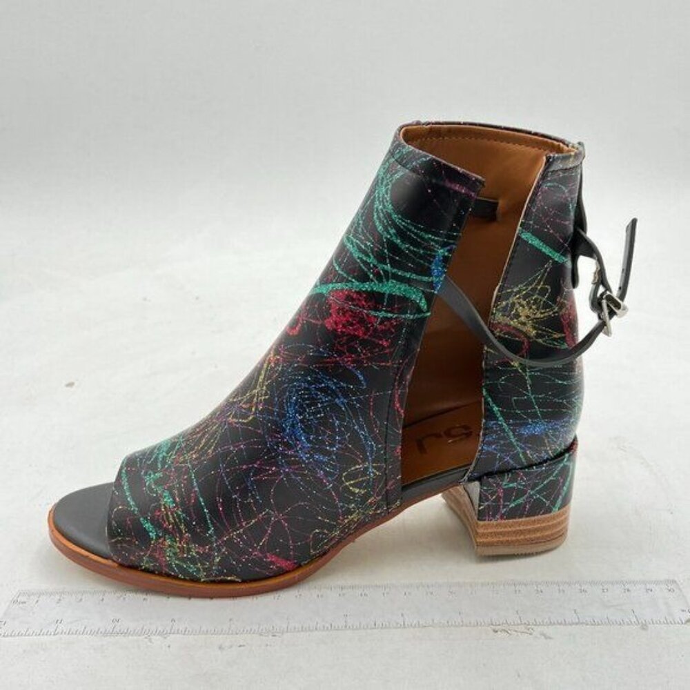 FSJ Color Lines Peep Toe Boot Buckle Ankle Bootie Block Low Heel Shoes